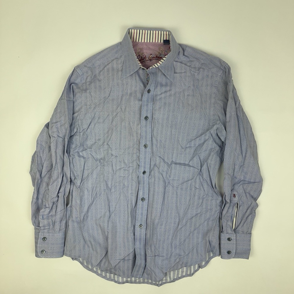 Robert Graham Blue Vertical Striped Cotton Button-Up Dress Shirt Top Size Medium